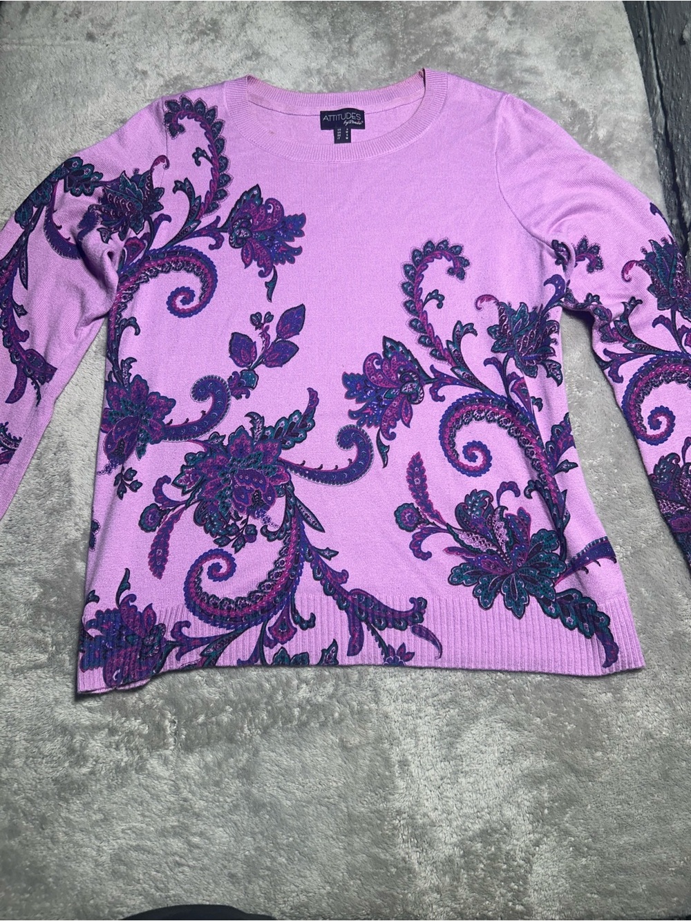 Attitudes by Renee Women’s Purple Paisley Knit Crew Neck Pullover Sweater S